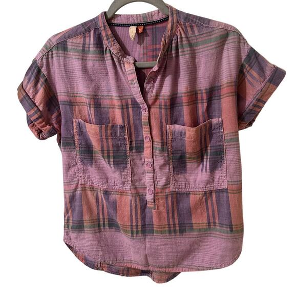 Pilcro Anthropologie Hannah Surf Top Cotton Blouse Soft Lavender Plaid, size XS - Picture 2 of 7